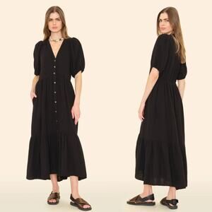 Xirena Dress Lennox Black Gauze Button Front Short Sleeve Tiered Midi Dress Sz M